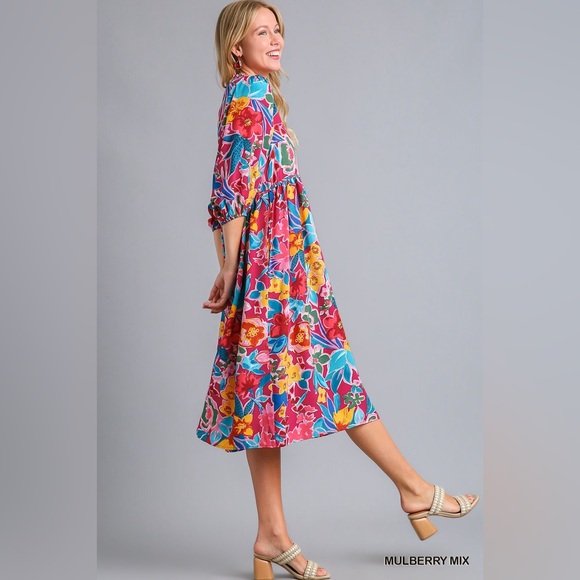 Umgee Full Size Floral Print Tie Neck Midi Dress with Pockets Plus Size🆕 - Picture 4 of 8